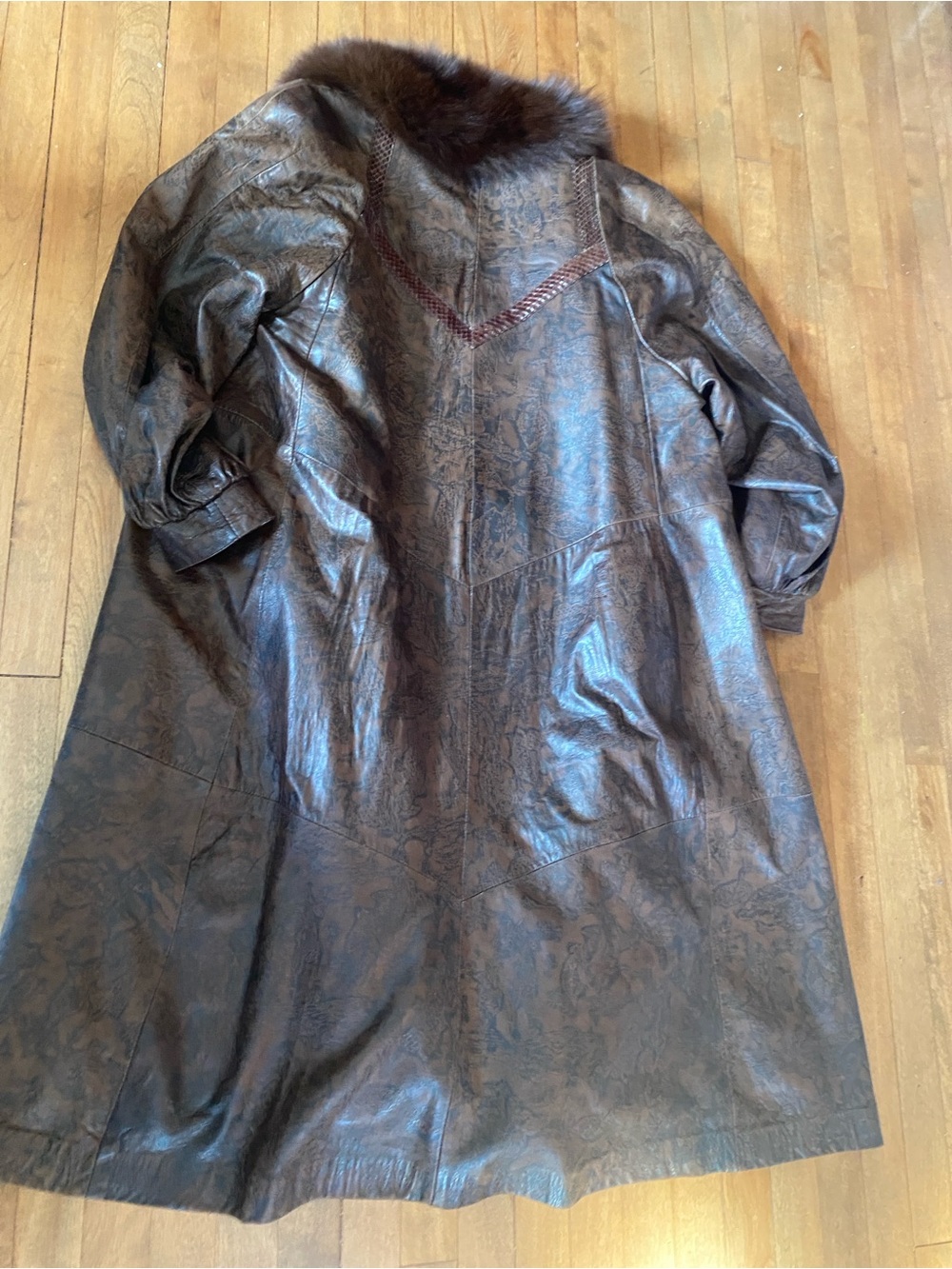 VTG Ottimo Leather Trench Coat Fox Fur Tuxedo Collar Exotic Snakeskin Inlay LG - Picture 8 of 11